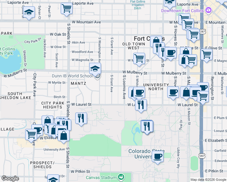 map of restaurants, bars, coffee shops, grocery stores, and more near 615 South Grant Avenue in Fort Collins