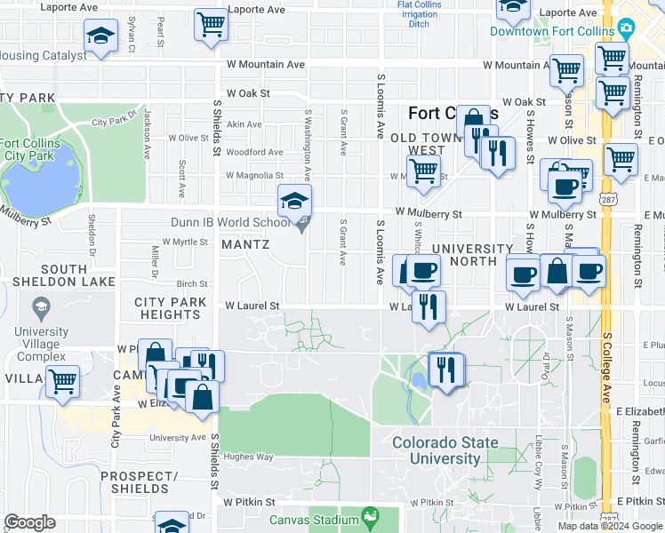 map of restaurants, bars, coffee shops, grocery stores, and more near 615 South Grant Avenue in Fort Collins