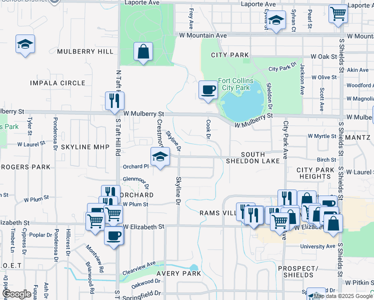 map of restaurants, bars, coffee shops, grocery stores, and more near 544 Skyline Drive in Fort Collins