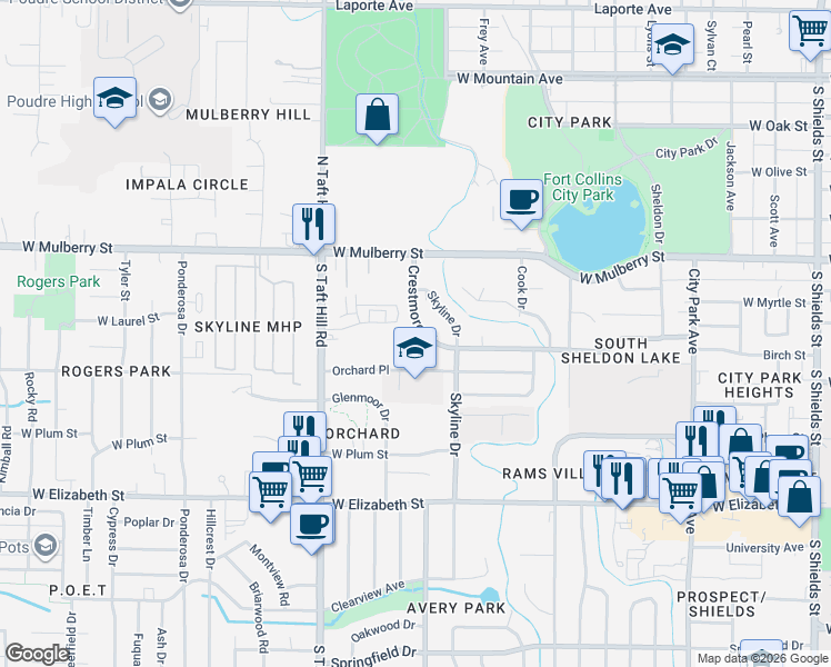map of restaurants, bars, coffee shops, grocery stores, and more near 1913 Crestmore Place in Fort Collins