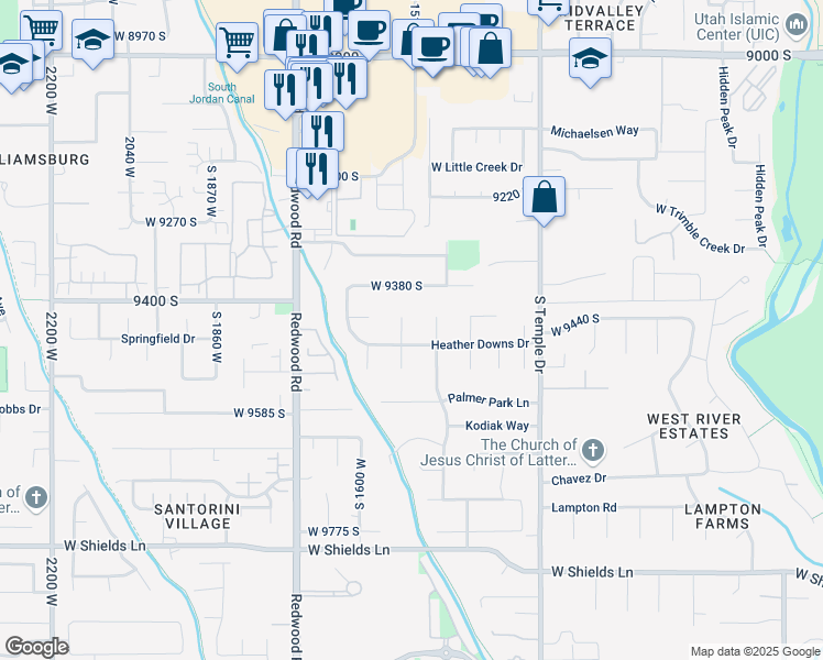 map of restaurants, bars, coffee shops, grocery stores, and more near 9445 Dunbar Cove in South Jordan