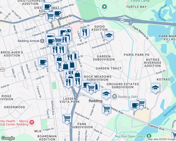 map of restaurants, bars, coffee shops, grocery stores, and more near 1020 Lincoln Street in Redding