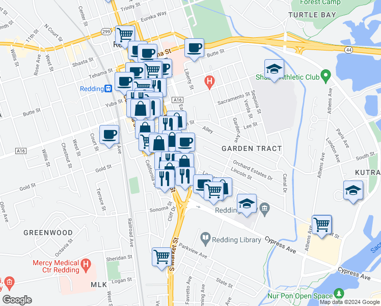 map of restaurants, bars, coffee shops, grocery stores, and more near 2088 East Street in Redding