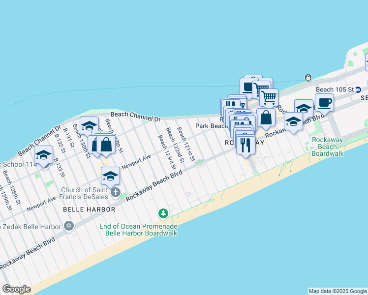 map of restaurants, bars, coffee shops, grocery stores, and more near 242 Beach 121st Street in Queens