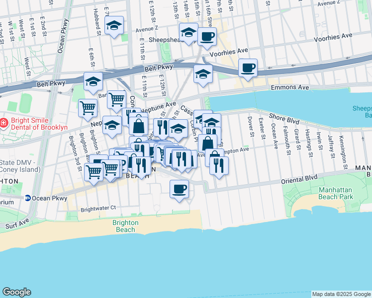 map of restaurants, bars, coffee shops, grocery stores, and more near 1080 Ocean View Avenue in Brooklyn