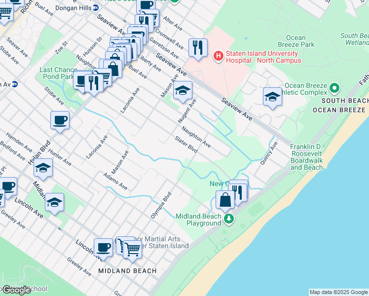 map of restaurants, bars, coffee shops, grocery stores, and more near 250 Slater Boulevard in Staten Island