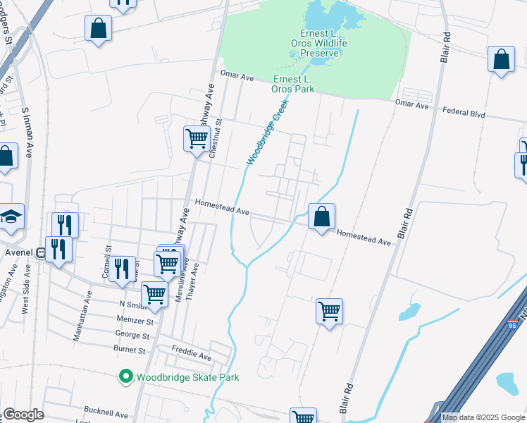 map of restaurants, bars, coffee shops, grocery stores, and more near 511 Forest View Drive in Woodbridge Township