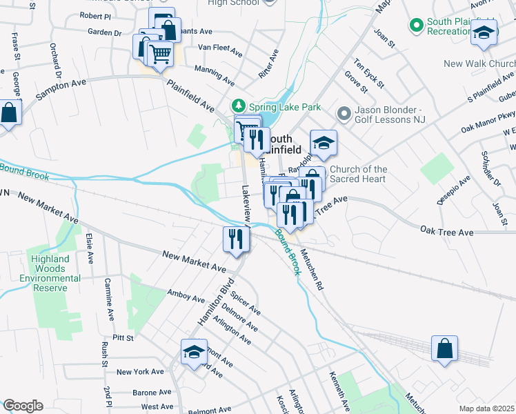 map of restaurants, bars, coffee shops, grocery stores, and more near 208 Hamilton Boulevard in South Plainfield