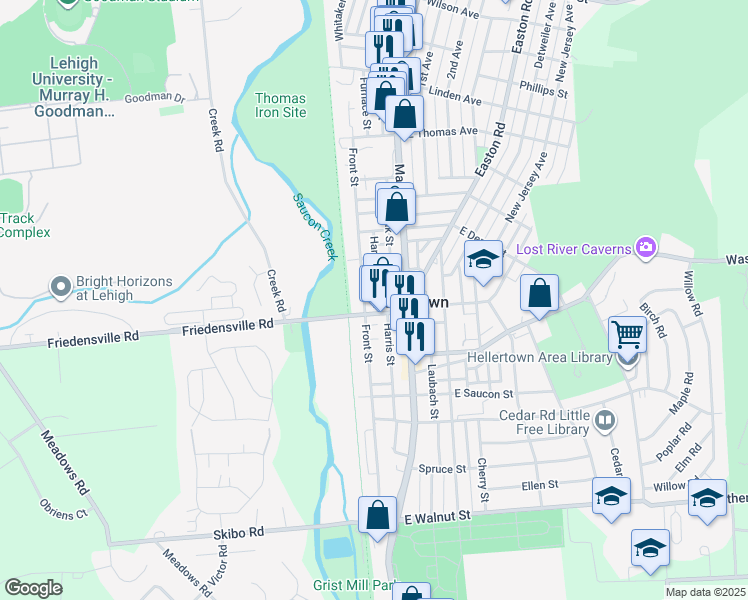 map of restaurants, bars, coffee shops, grocery stores, and more near 37 West Water Street in Hellertown