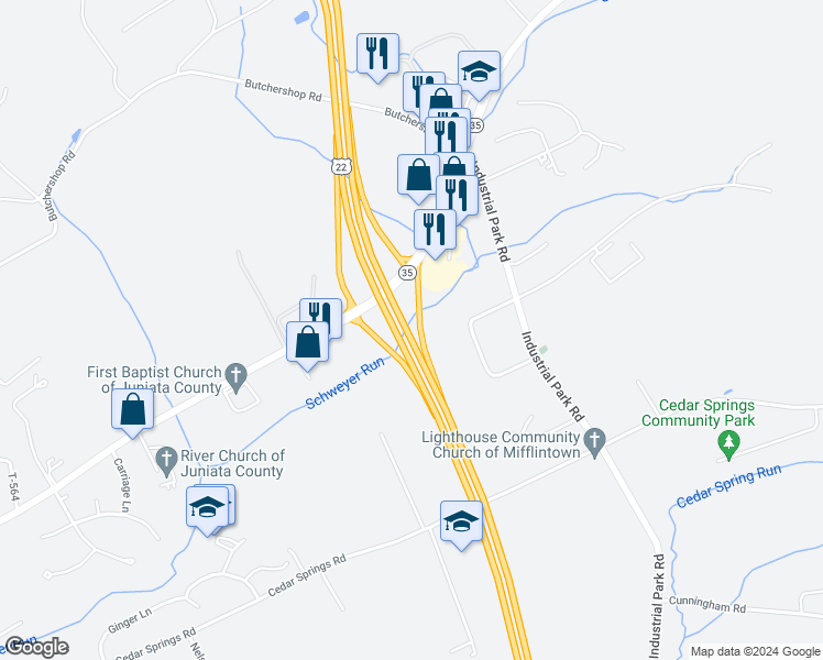 map of restaurants, bars, coffee shops, grocery stores, and more near Pinnacle Road in Juniata County