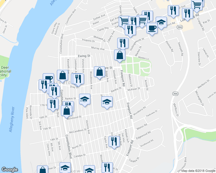 map of restaurants, bars, coffee shops, grocery stores, and more near 1810 Ridge Avenue in New Kensington