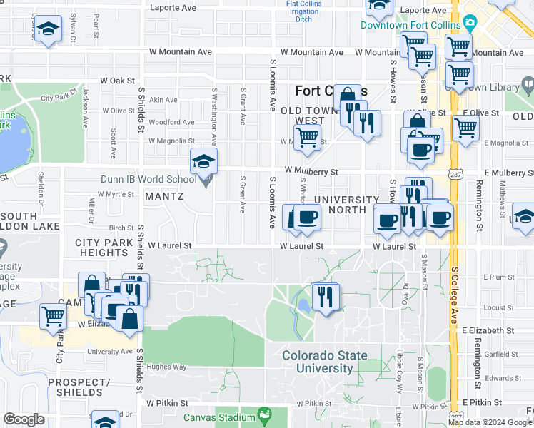 map of restaurants, bars, coffee shops, grocery stores, and more near 613 South Loomis Avenue in Fort Collins