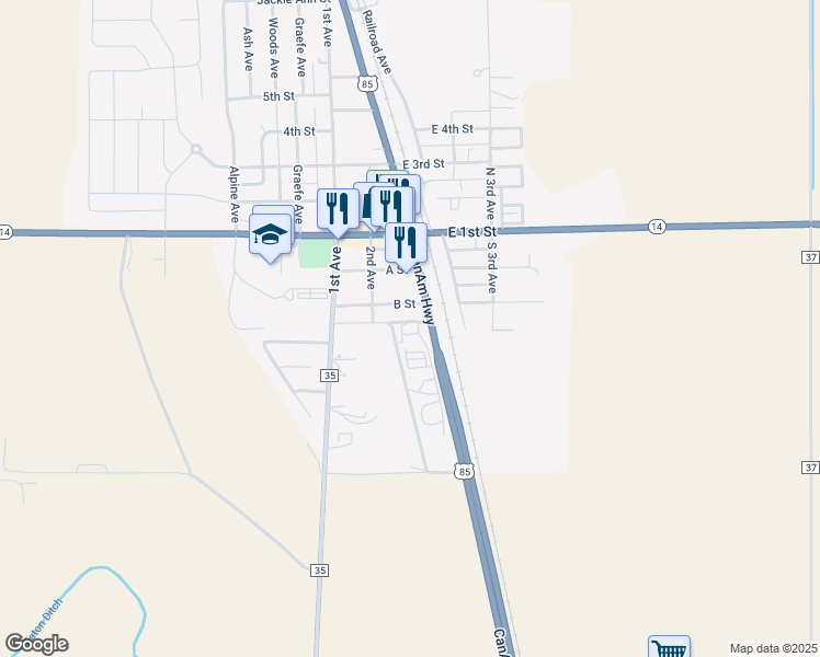 map of restaurants, bars, coffee shops, grocery stores, and more near 1 Joe P Martinez Ln in Ault