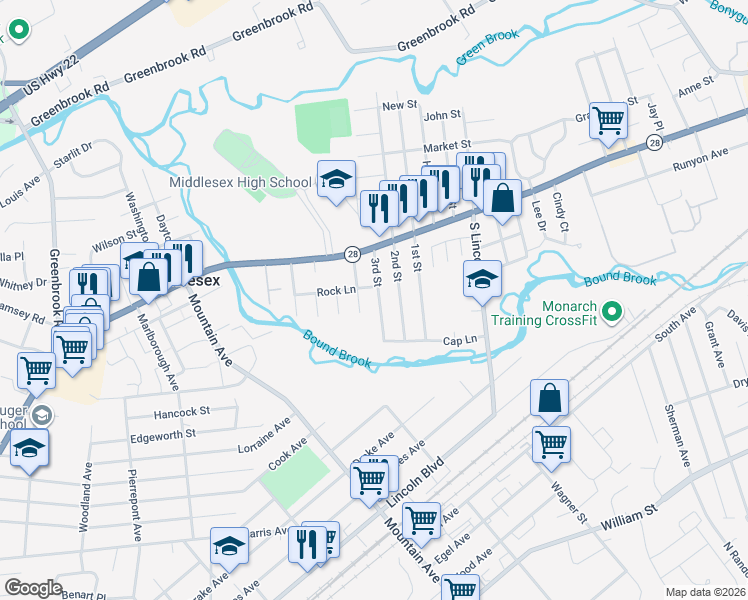 map of restaurants, bars, coffee shops, grocery stores, and more near 131 3rd Street in Middlesex