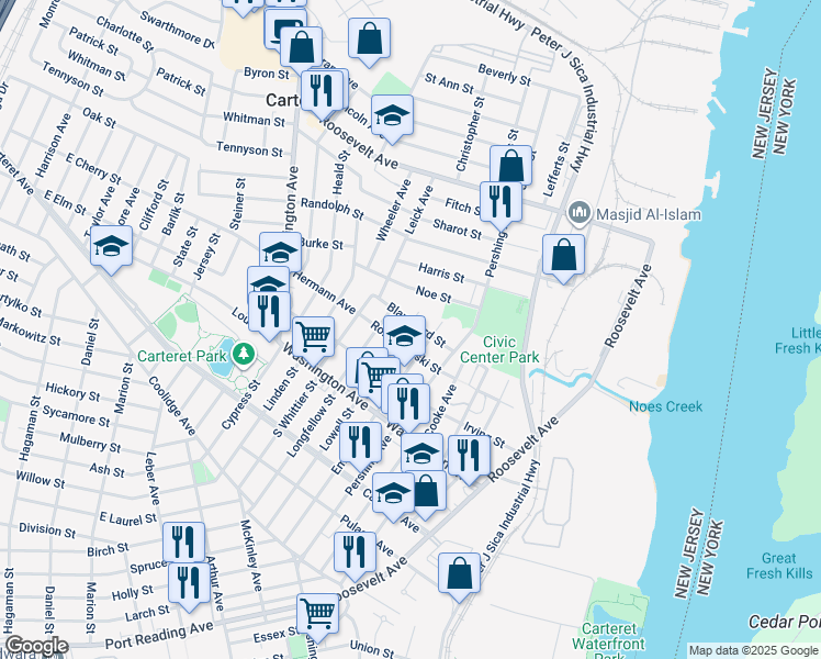 map of restaurants, bars, coffee shops, grocery stores, and more near 146 Lowell Street in Carteret