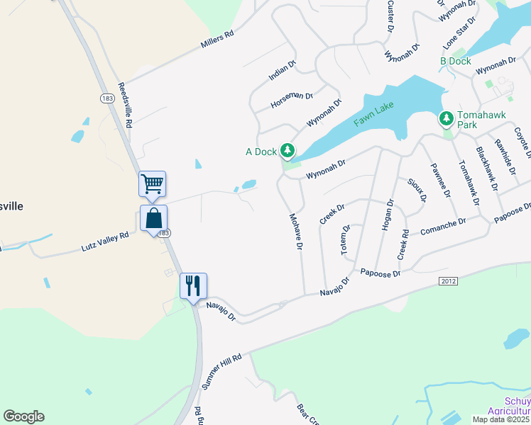 map of restaurants, bars, coffee shops, grocery stores, and more near 58 Plum Creek Road in Schuylkill Haven
