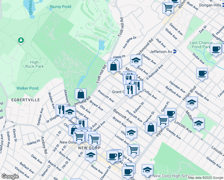 map of restaurants, bars, coffee shops, grocery stores, and more near 51 Greeley Avenue in Staten Island