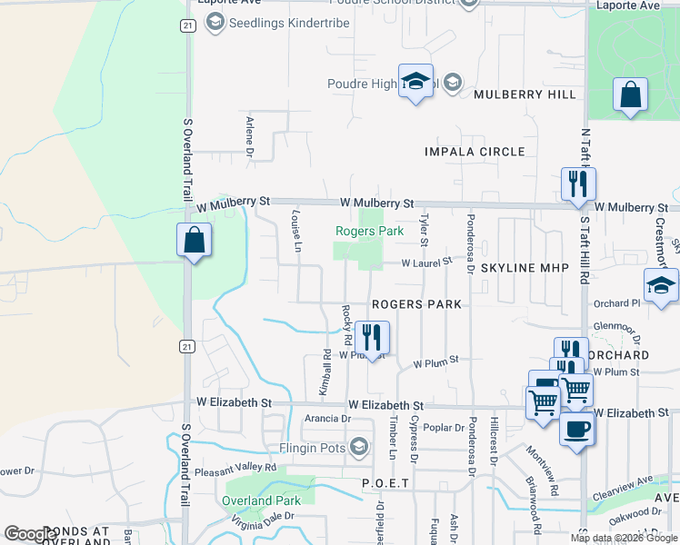 map of restaurants, bars, coffee shops, grocery stores, and more near 700 Rocky Road in Fort Collins