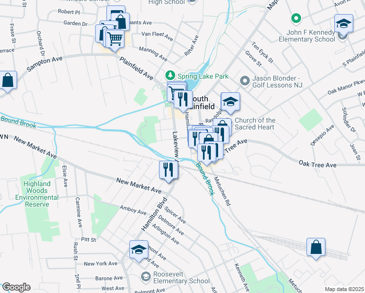 map of restaurants, bars, coffee shops, grocery stores, and more near 208 Hamilton Boulevard in South Plainfield