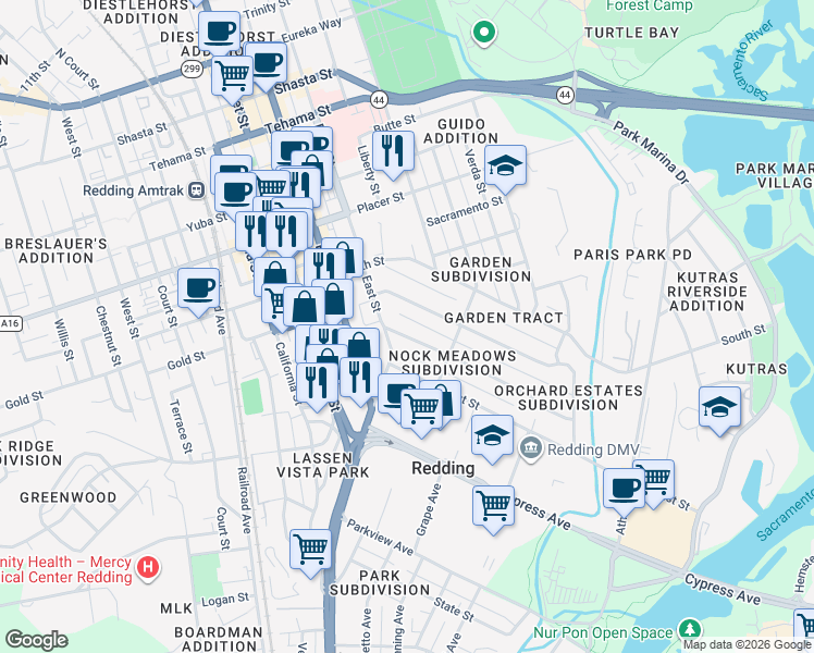 map of restaurants, bars, coffee shops, grocery stores, and more near 1020 Lincoln Street in Redding