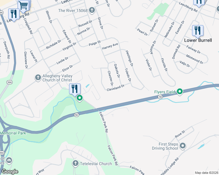 map of restaurants, bars, coffee shops, grocery stores, and more near 2663 Cleveland Drive in Lower Burrell
