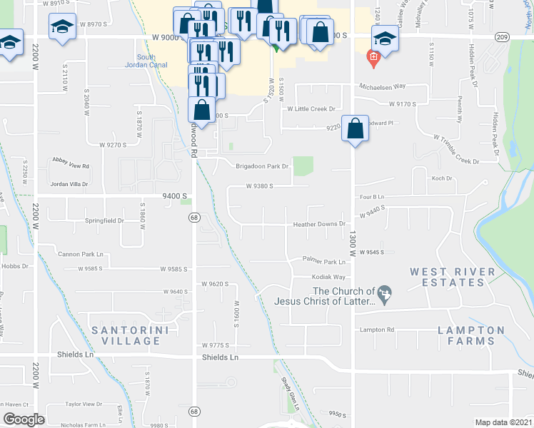 map of restaurants, bars, coffee shops, grocery stores, and more near 9445 Dunbar Cove in South Jordan