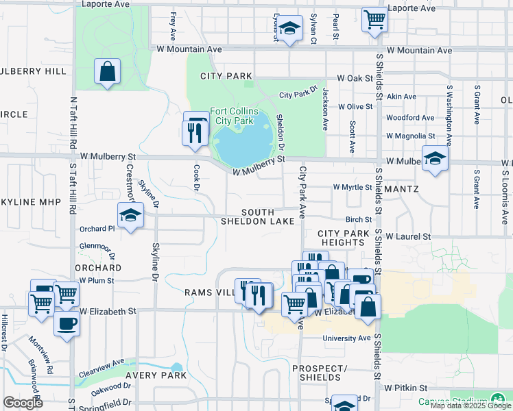 map of restaurants, bars, coffee shops, grocery stores, and more near 1524 Crestmore Place in Fort Collins
