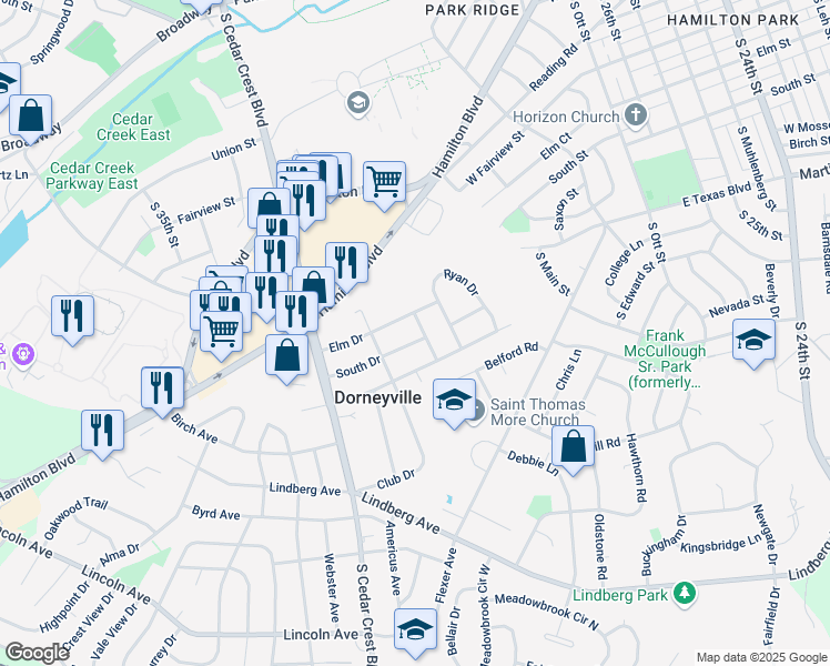 map of restaurants, bars, coffee shops, grocery stores, and more near 3051 South Drive in Allentown