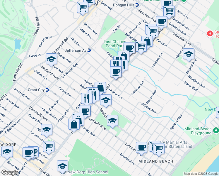 map of restaurants, bars, coffee shops, grocery stores, and more near 274 Hunter Avenue in Staten Island