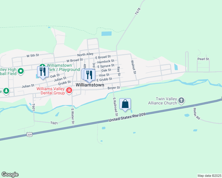 map of restaurants, bars, coffee shops, grocery stores, and more near 100 South Railroad Street in Williamstown