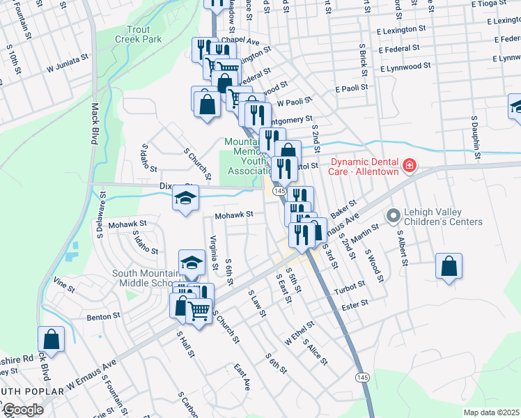 map of restaurants, bars, coffee shops, grocery stores, and more near 1910 South 5th Street in Allentown