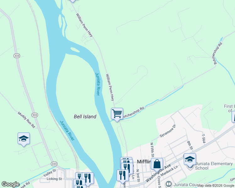 map of restaurants, bars, coffee shops, grocery stores, and more near 3023 William Penn Highway in Mifflintown