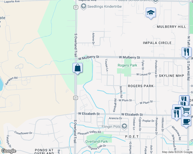 map of restaurants, bars, coffee shops, grocery stores, and more near 2918 Radcliff Circle in Fort Collins