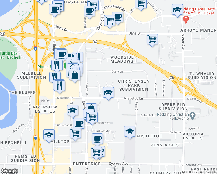map of restaurants, bars, coffee shops, grocery stores, and more near 1181 Pineland Drive in Redding