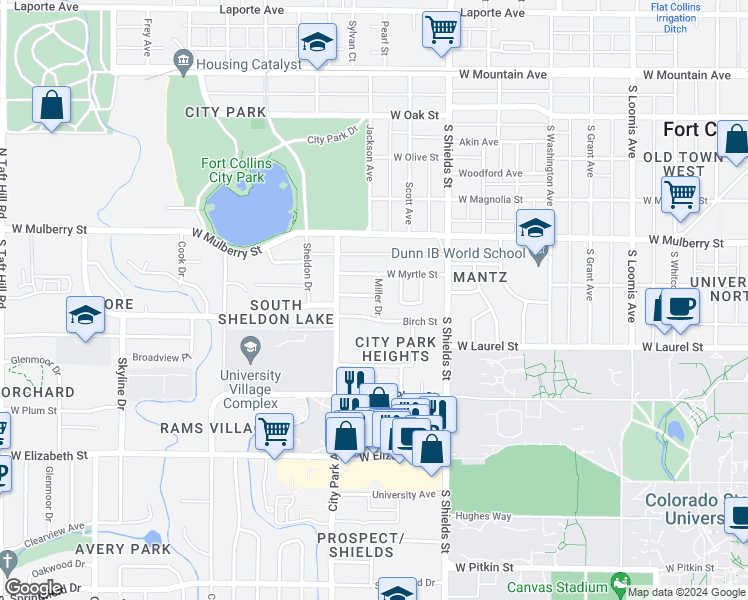 map of restaurants, bars, coffee shops, grocery stores, and more near 1301 Crestmore Place in Fort Collins