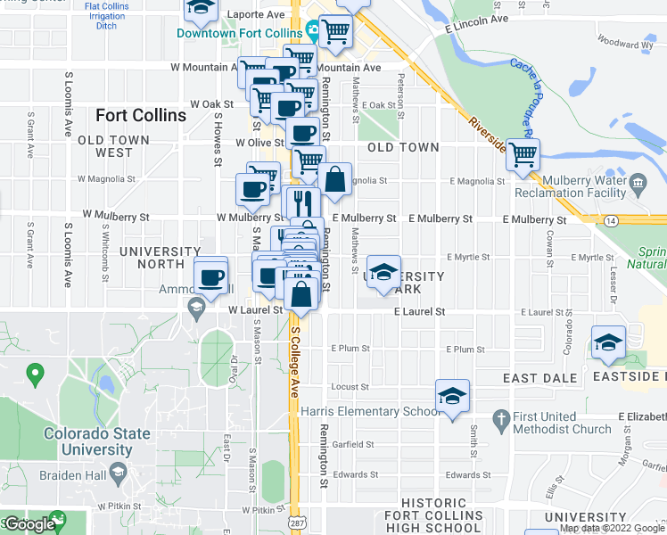 map of restaurants, bars, coffee shops, grocery stores, and more near 608 Remington Street in Fort Collins
