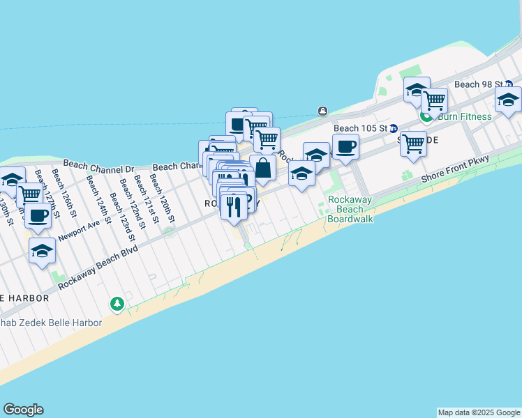 map of restaurants, bars, coffee shops, grocery stores, and more near 179 Beach 115th Street in Queens