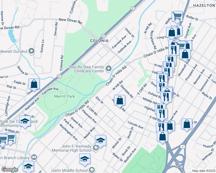 map of restaurants, bars, coffee shops, grocery stores, and more near 345 Chain O' Hills Road in Woodbridge Township