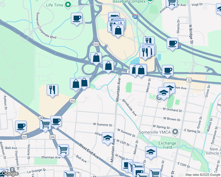 map of restaurants, bars, coffee shops, grocery stores, and more near 20 Oak Terrace in Somerville