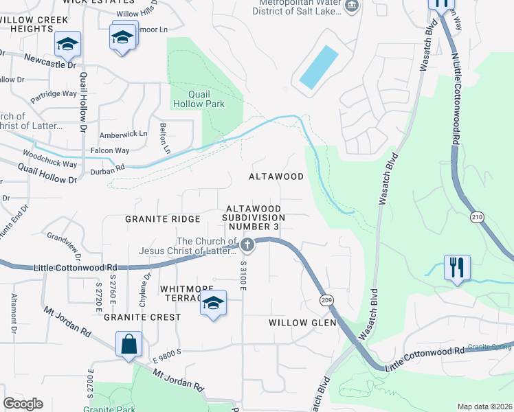 map of restaurants, bars, coffee shops, grocery stores, and more near 9445 Marksbury Circle in Sandy