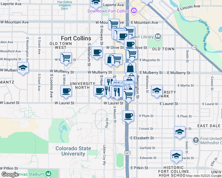 map of restaurants, bars, coffee shops, grocery stores, and more near 609 South Mason Street in Fort Collins