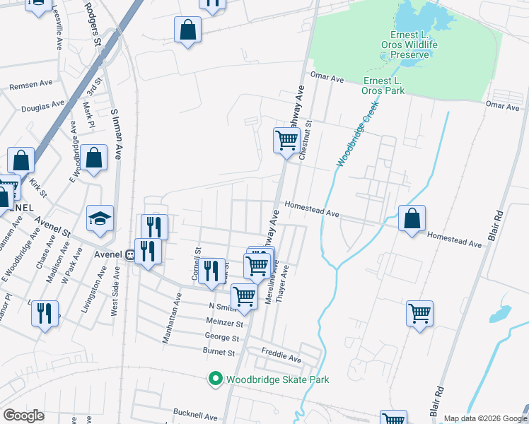 map of restaurants, bars, coffee shops, grocery stores, and more near 106 North Walnut Street in Woodbridge Township