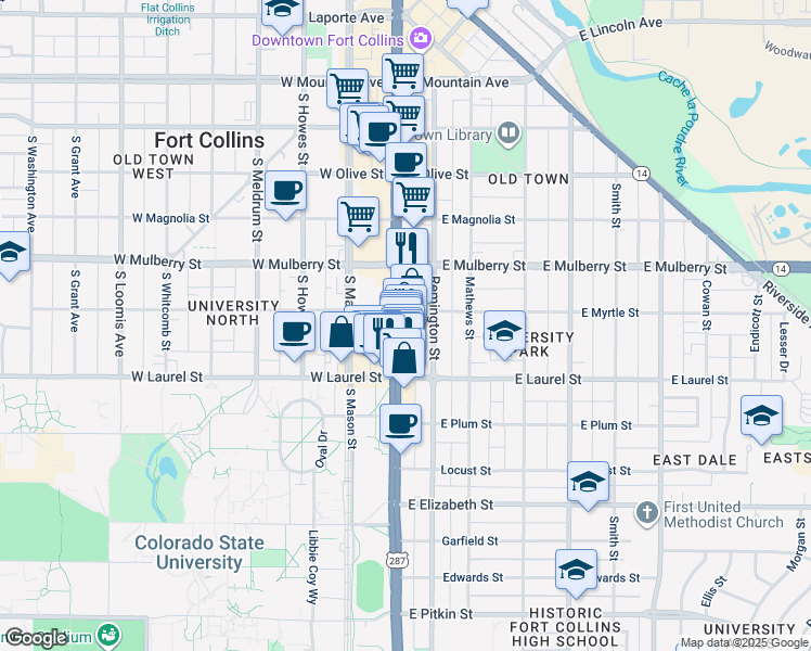 map of restaurants, bars, coffee shops, grocery stores, and more near 608 South College Avenue in Fort Collins