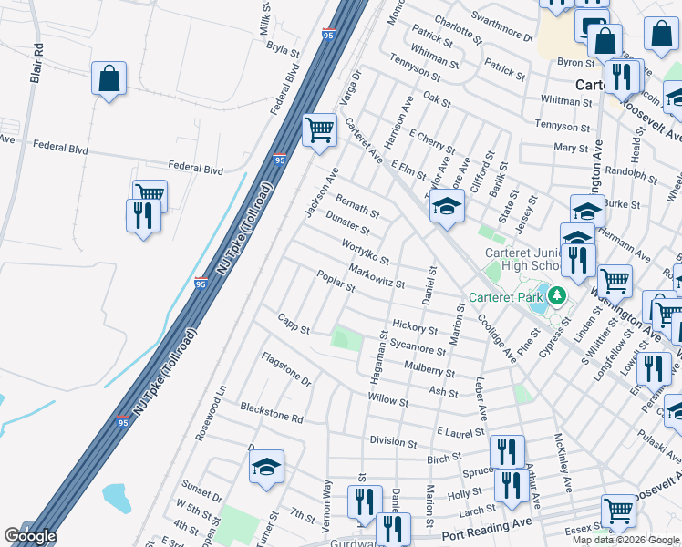 map of restaurants, bars, coffee shops, grocery stores, and more near 3 Kurdyla Avenue in Carteret
