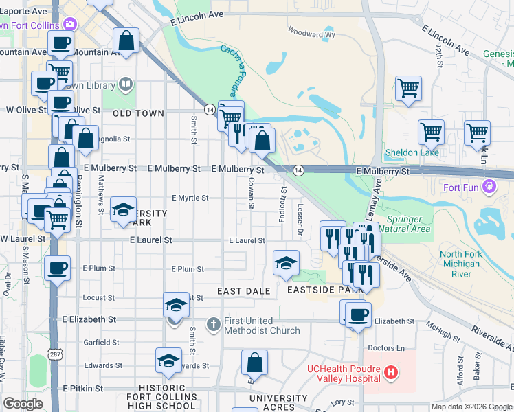 map of restaurants, bars, coffee shops, grocery stores, and more near 610 Cowan Street in Fort Collins