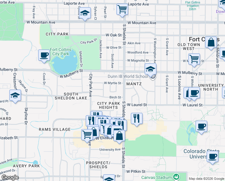map of restaurants, bars, coffee shops, grocery stores, and more near 636 West Coy Drive in Fort Collins