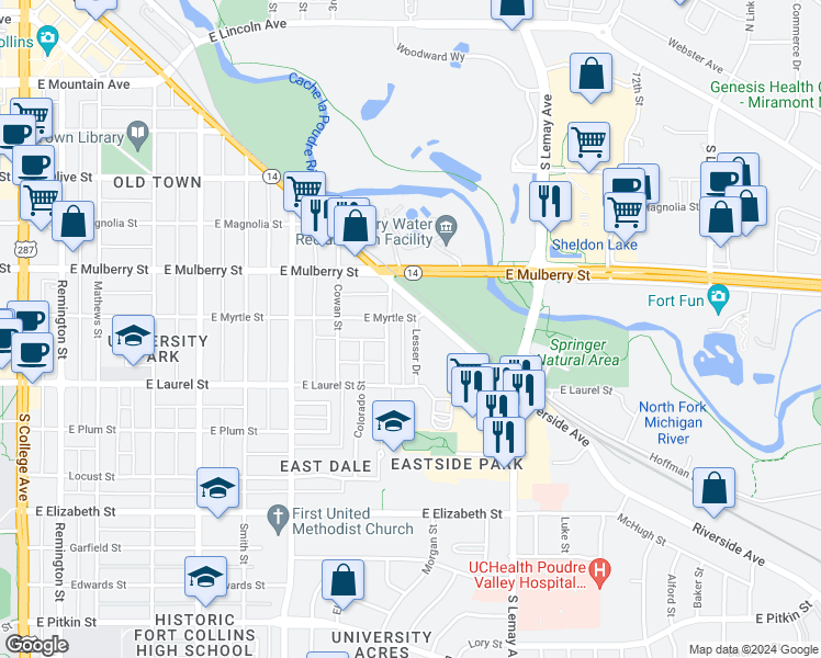 map of restaurants, bars, coffee shops, grocery stores, and more near 603 Lesser Drive in Fort Collins
