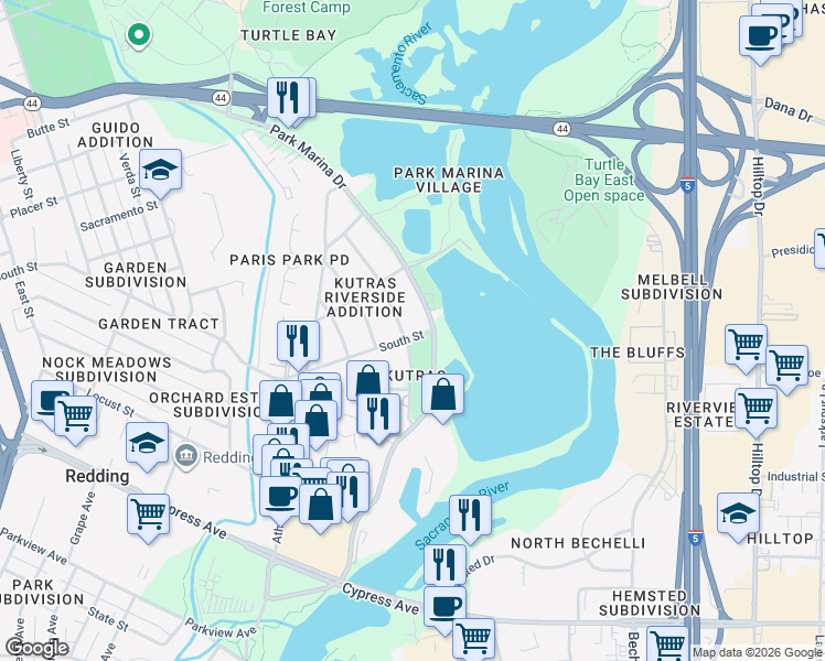 map of restaurants, bars, coffee shops, grocery stores, and more near 120 South St in Redding