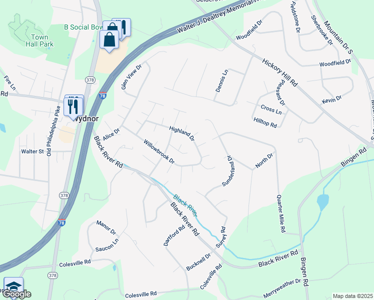 map of restaurants, bars, coffee shops, grocery stores, and more near 1523 Glenwood Drive in Bethlehem
