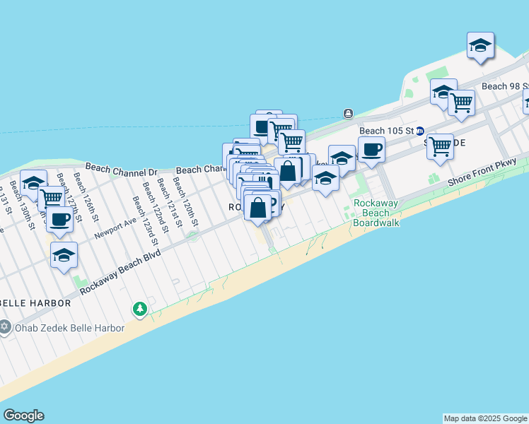 map of restaurants, bars, coffee shops, grocery stores, and more near 179 Beach 115th Street in Queens